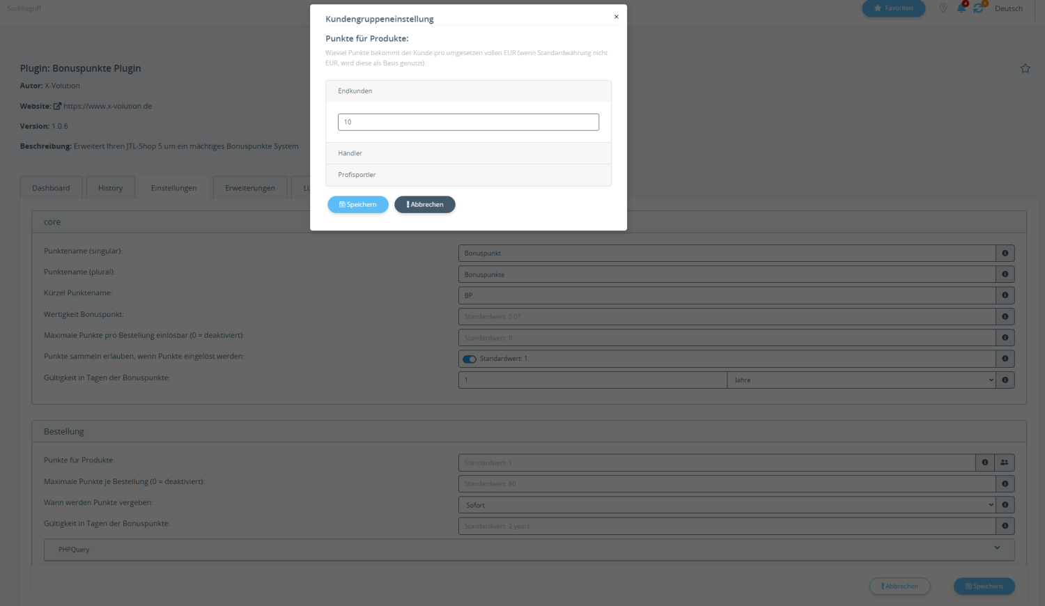 Bonuspunkte System Backend Kundenübersicht